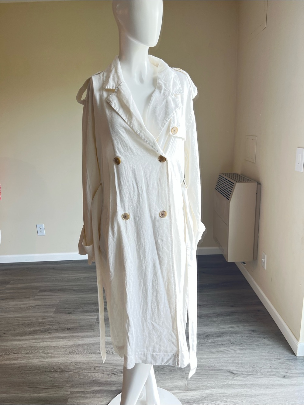 A New Day White Linen Midi Unlined Trench Coat Women . - Picture 8 of 11